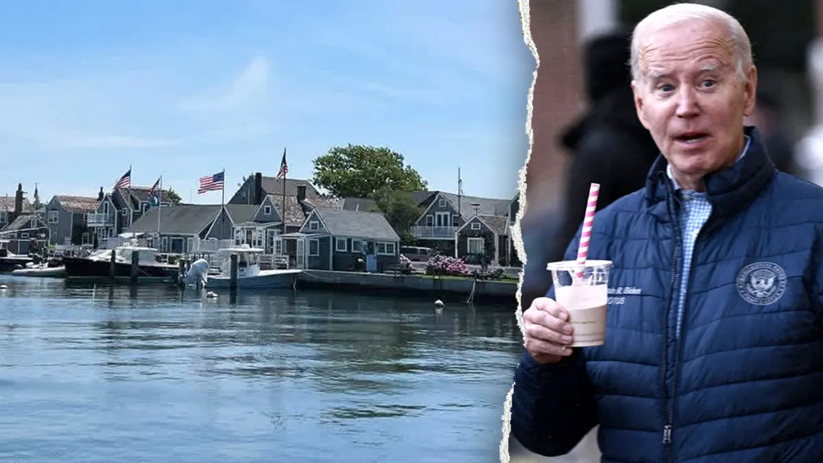 nantucket beauty shot with boats, joe biden with milkshake on island
