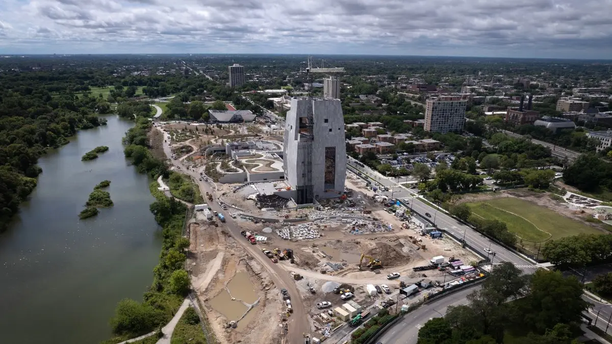 Aerial view of Obama Presidential Center construction site in Jackson Park Chicago