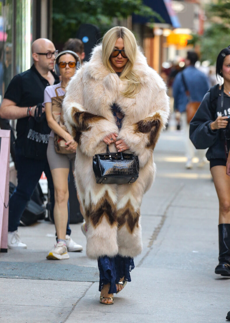 Kesha sai com um casaco de pele e uma bolsa Birkin em Nova York