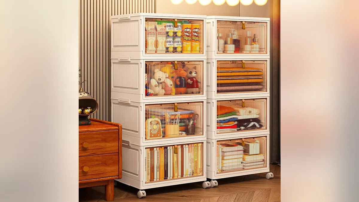 Get organized with this foldable four-tier storage bin system.