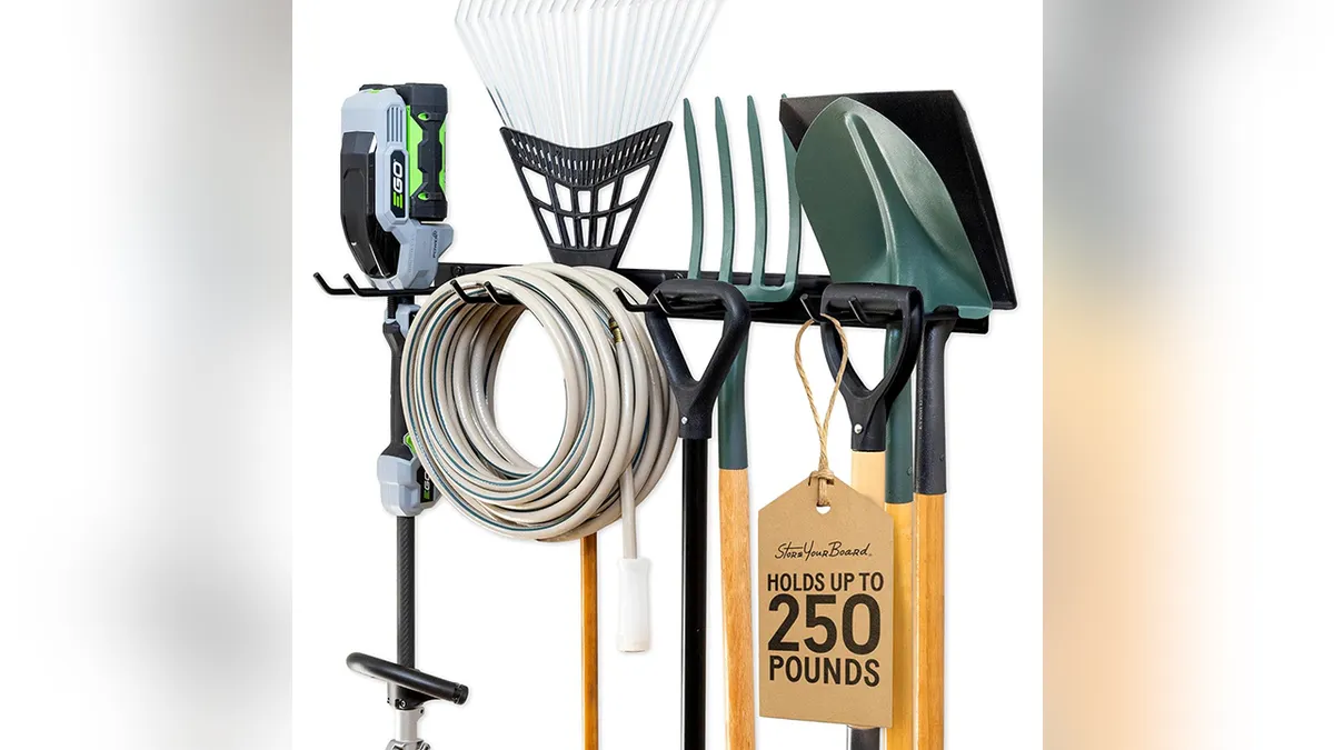 The steel construction helps this garage organizer support heavy tools.