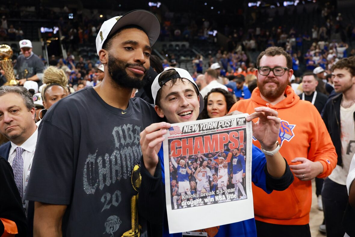 Timothee Chalamet e Mikal Bridges no quinto jogo das finais da NBA