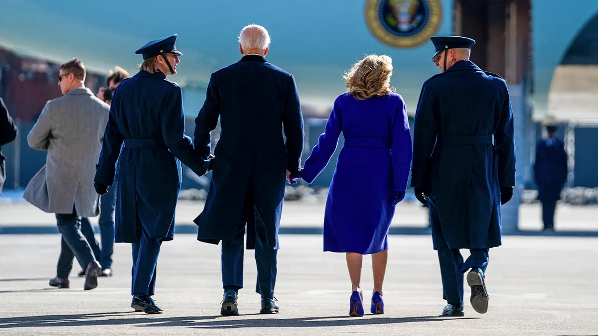 Former President Joe Biden and former First Lady Jill Biden walking to Air Force One at Joint Base Andrews