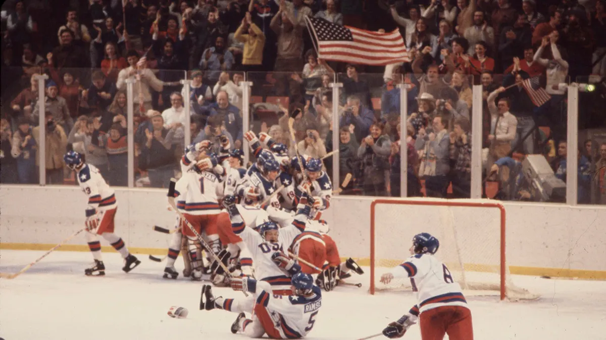 United States and Russian hockey teams competing in the 1980 Winter Olympics ice hockey tournament