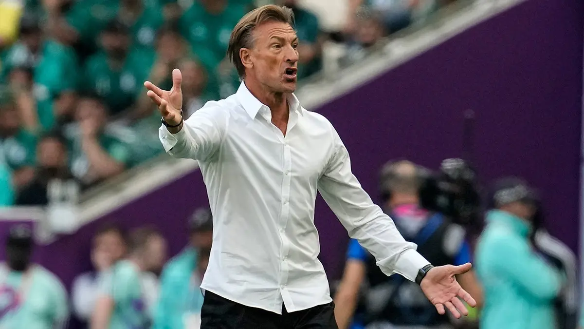 Saudi Arabia head coach Herve Renard reacting during a soccer match in Lusail Qatar