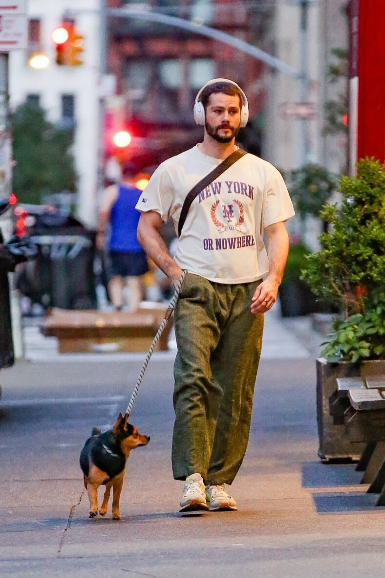 Dylan O'Brien leva seu cachorro para passear em Nova York