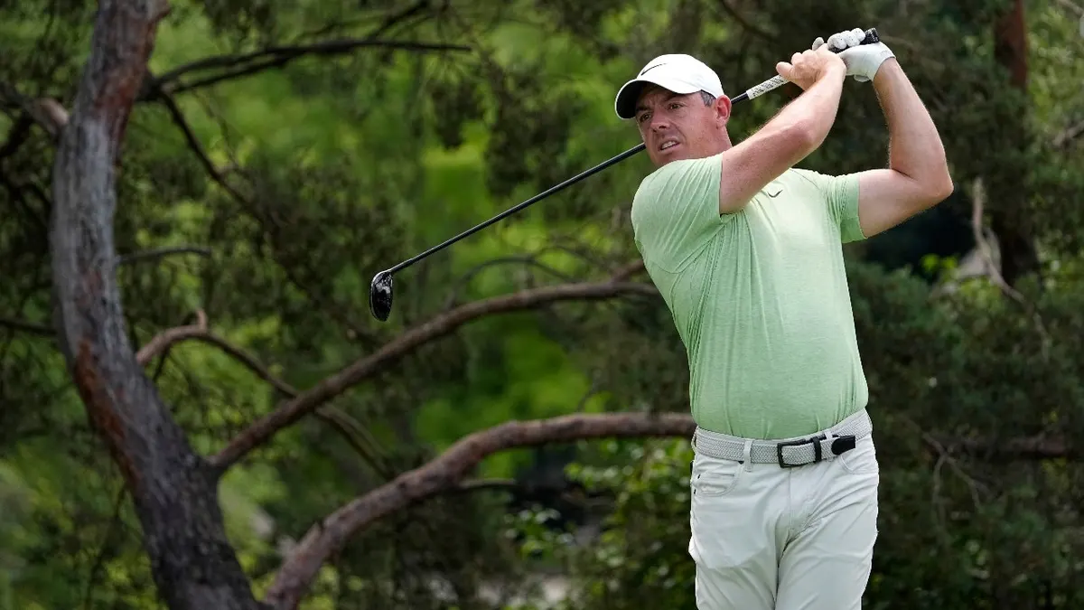 Rory McIlroy hits his shot tee on the second hole during the 2024 Memorial Tournament at Muirfield Village Golf Club in Dublin, Ohio.