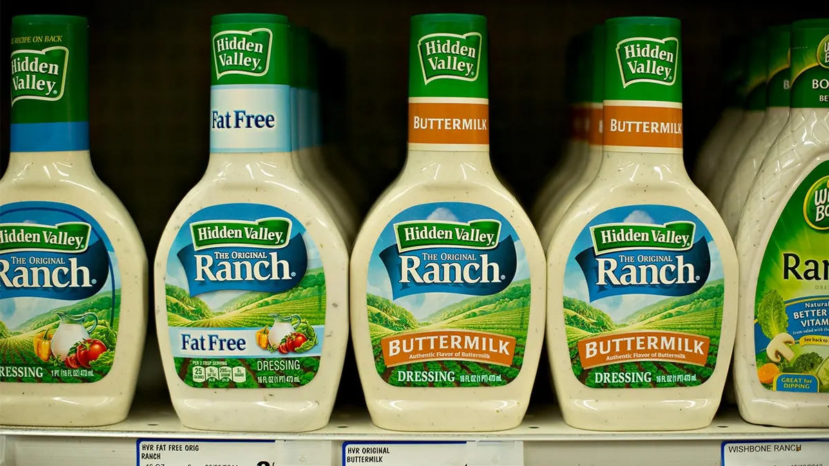 Bottles of ranch on grocery store shelf