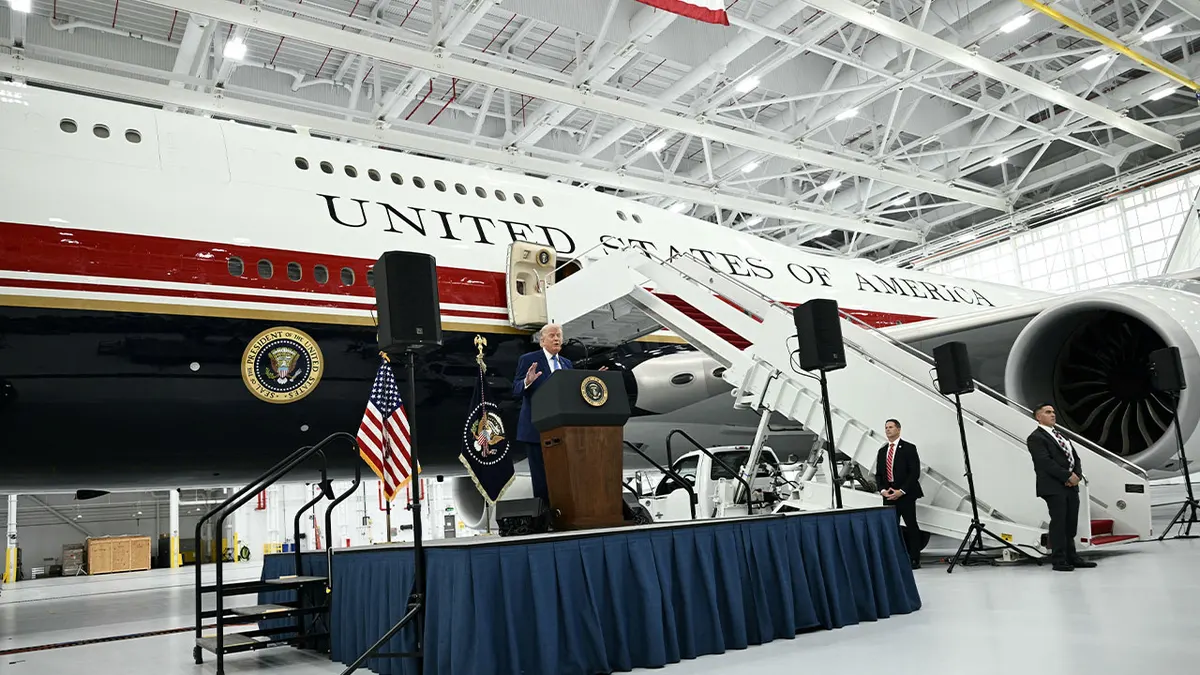 Donald Trump speaking at the unveiling of the new Air Force One