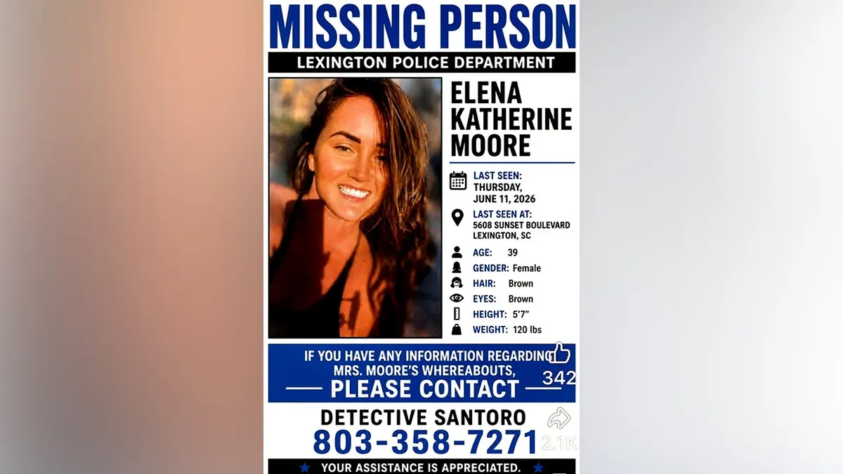 Missing person flyer for Elena Moore