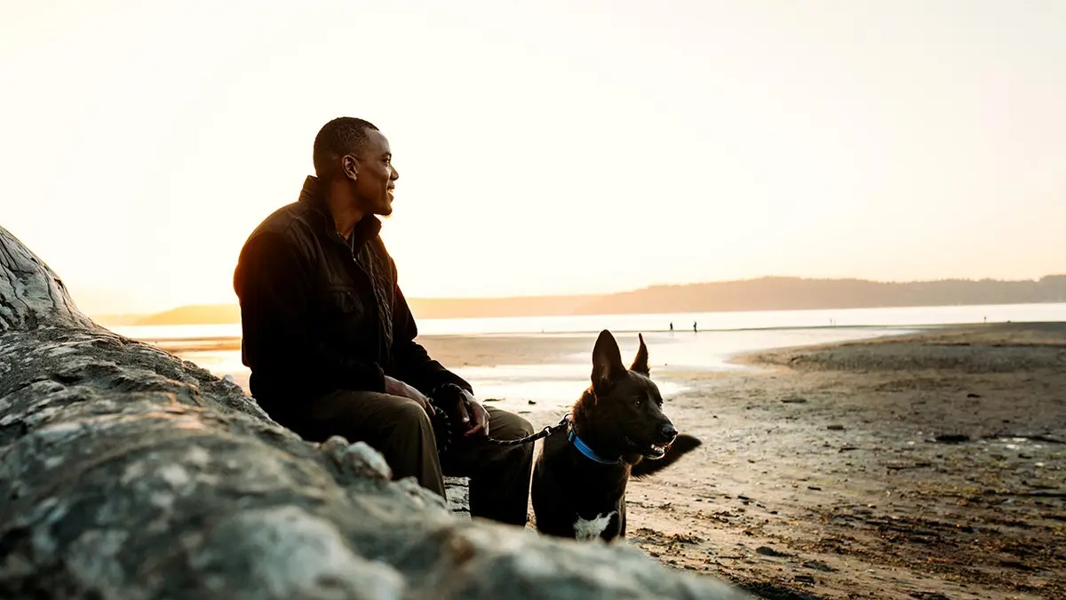 A man and his dog sit at a Washington state beach.