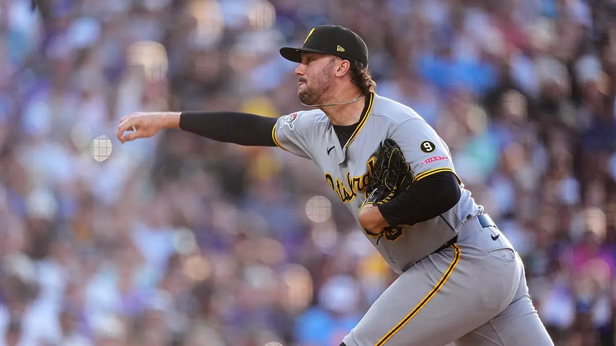 Paul Skenes pitching for the Pittsburgh Pirates against the Colorado Rockies in Denver