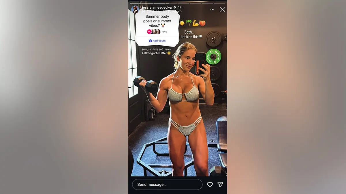 Jessie James Decker in a blue bikini on her Instagram stories in June 2026.