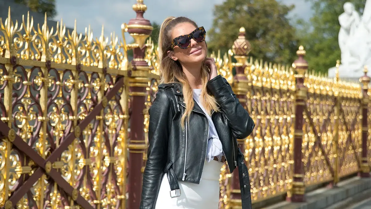 Fashion blogger Zorana Jovanovic wearing a skirt, shirt, jacket, and sunglasses at London event.