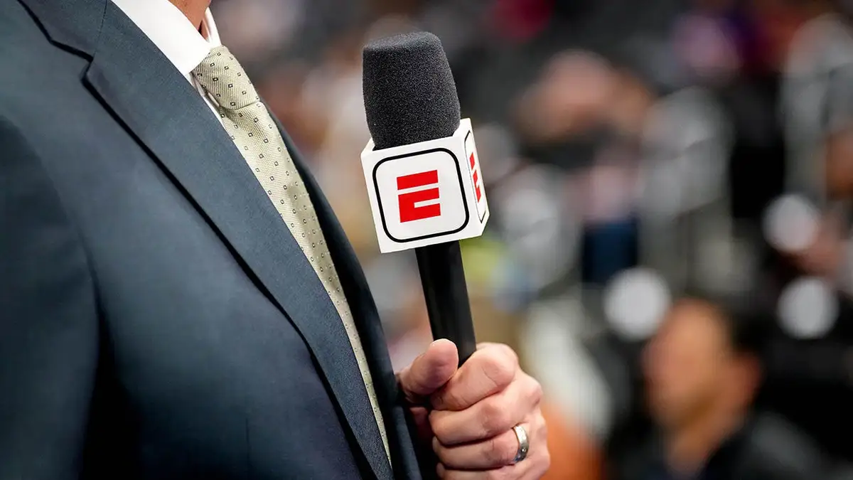 A detailed view of the ESPN logo on a microphone at Little Caesars Arena