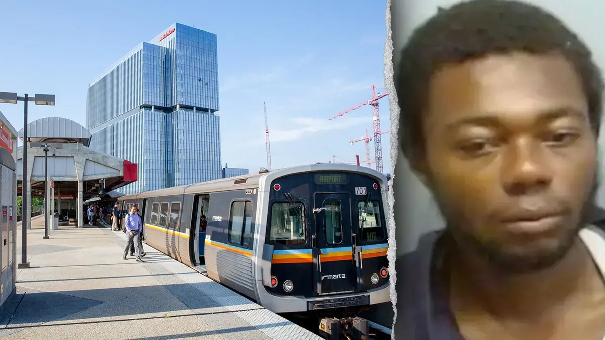 A split photo of a MARTA train and John Elijah Matthews in a booking photo