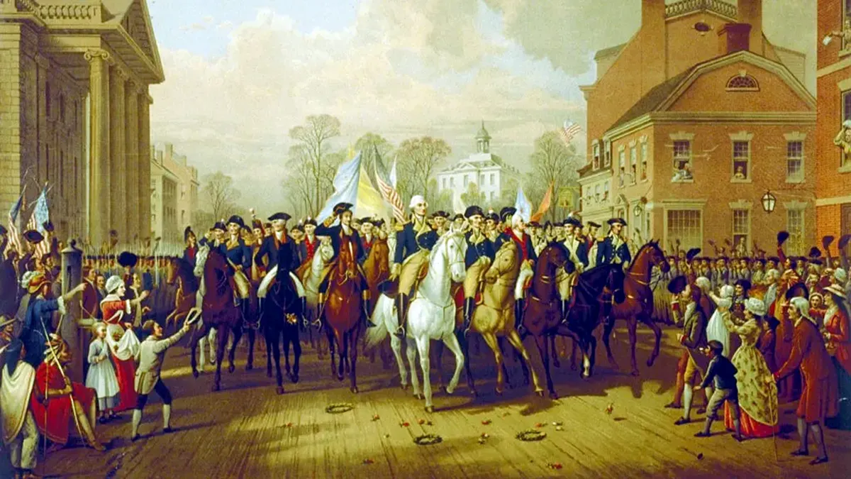 Gen. George Washington parading through Lower Manhattan on Evacuation Day