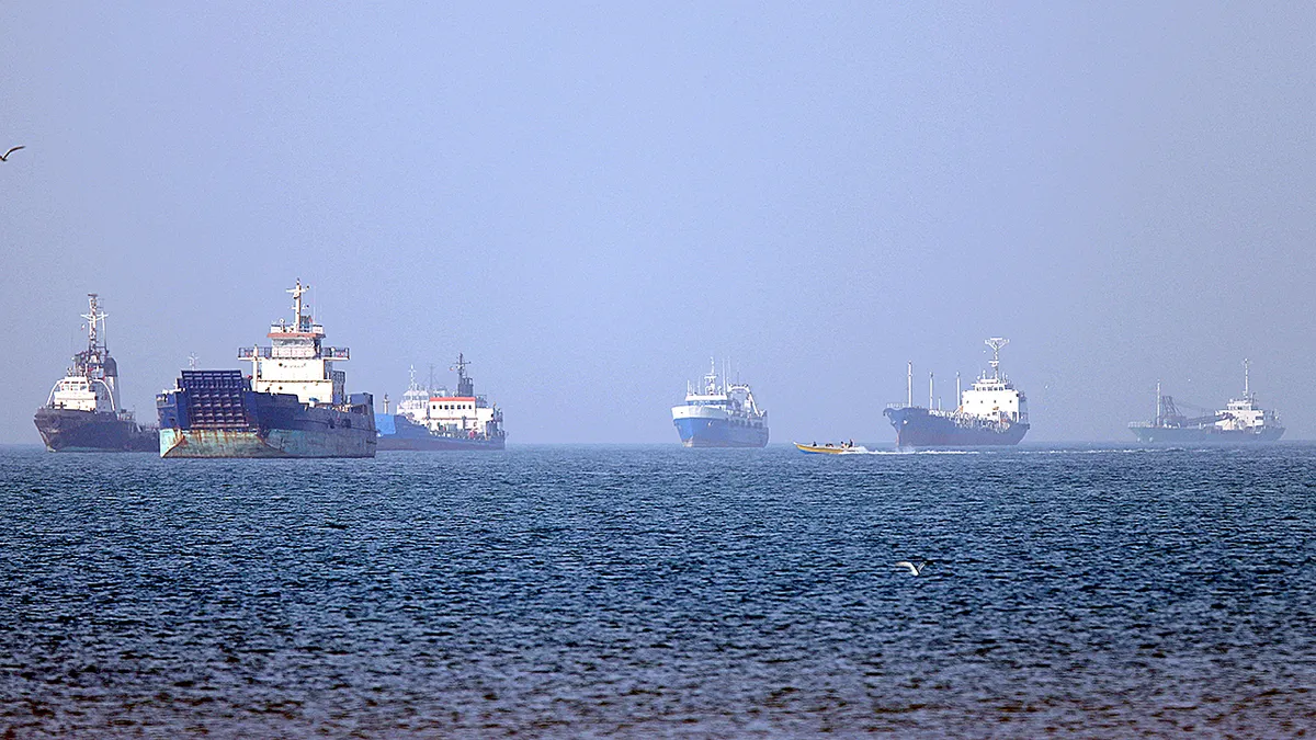 Ships anchored in the Strait of Hormuz off Bandar Abbas in southern Iran