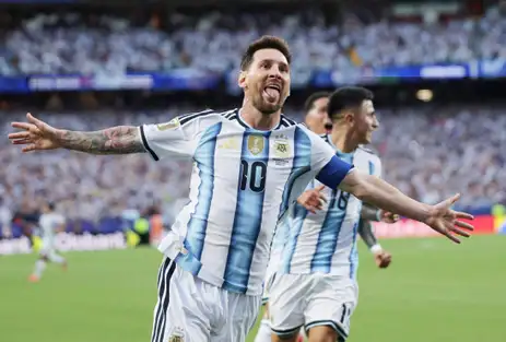 REUTERS/Claudia Greco/Proibida reprodução Soccer Football - FIFA World Cup 2026 - Group J - Argentina v Algeria - Kansas City Stadium, Kansas City, Missouri, U.S. - June 16, 2026
Argentina's Lionel Messi celebrates scoring their first goal REUTERS/Claudia Greco TPX IMAGES OF THE DAY