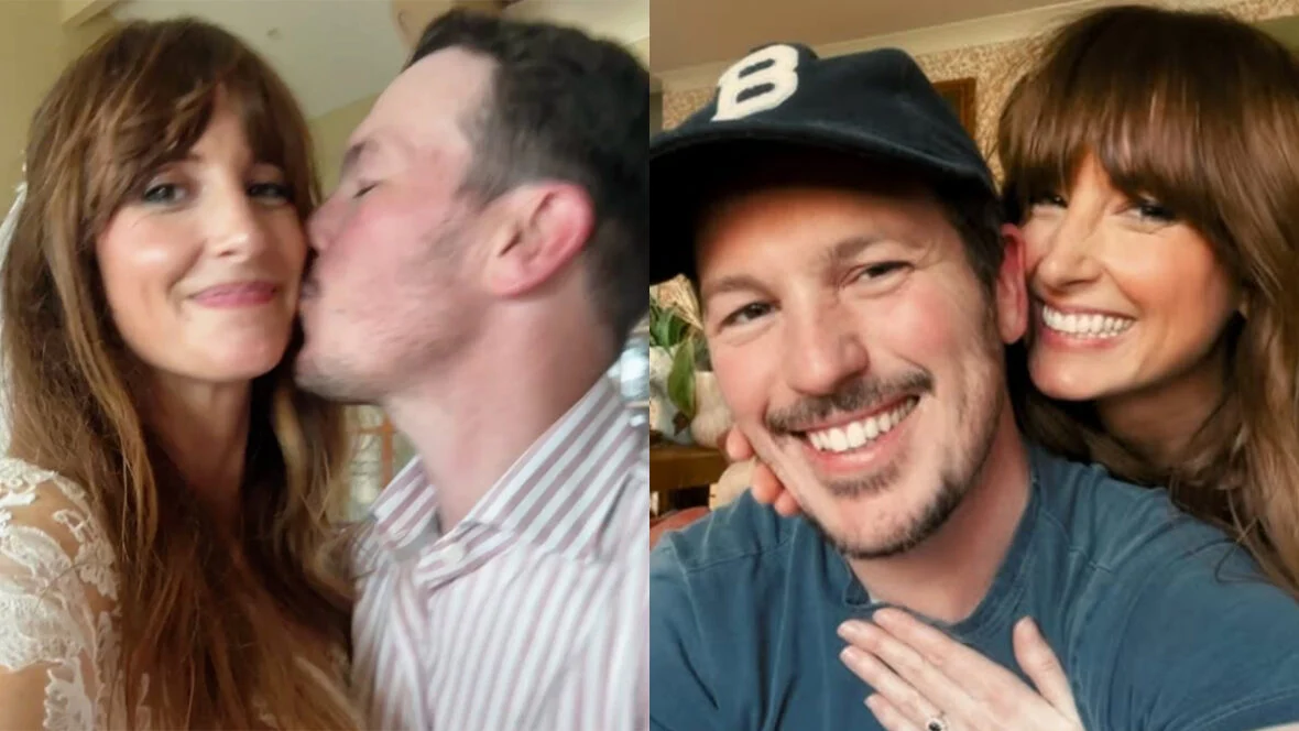 casamento cinza-benko Uma colagem lado a lado mostra Gray Benko e Bobby McCullough sorrindo e posando juntos em duas fotos espontâneas, incluindo uma onde Bobby beija Gray na bochecha e outra onde ela exibe um anel de noivado enquanto se inclina ao lado dele.