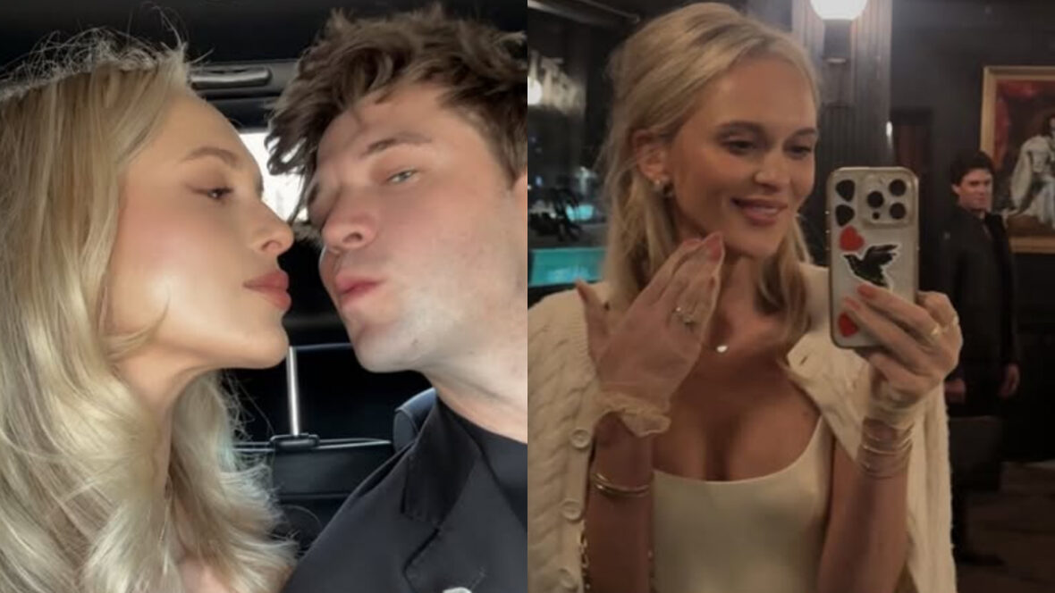 Selfie de Colin Ford e Miranda Kristine Di Tullio na traseira de um carro e uma de Miranda mostrando seu anel de noivado