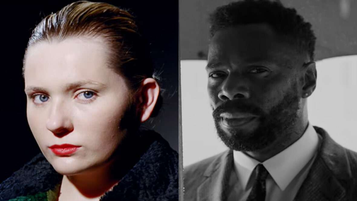 Uma imagem em tela dividida mostra um retrato em close de Abigail Breslin com cabelo penteado para trás à esquerda e uma foto em preto e branco de Colman Domingo de terno à direita.