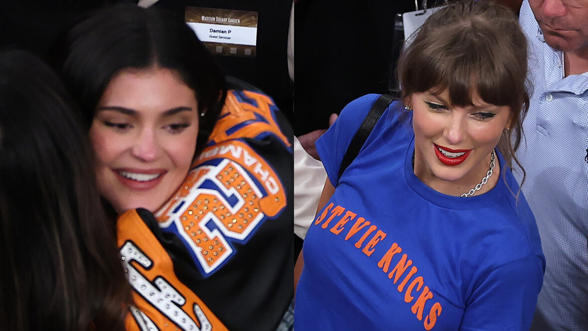 Taylor Swift Kylie Jenner em camisas azuis dos Knicks