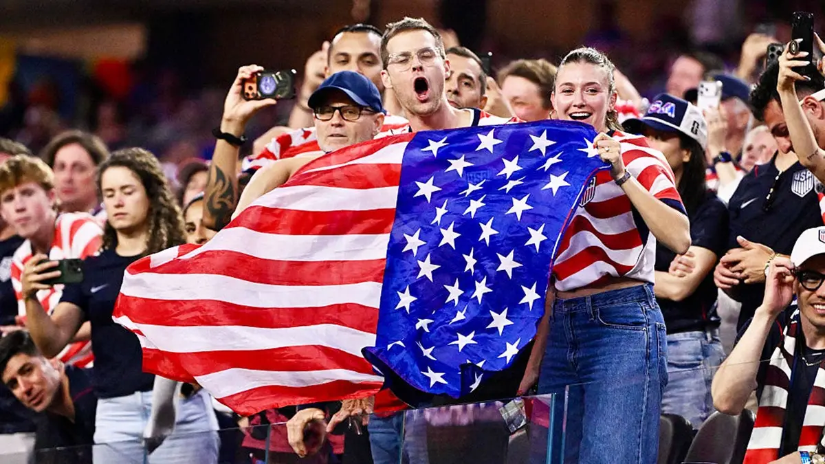 United States fans cheering in stands at Los Angeles Stadium in Inglewood