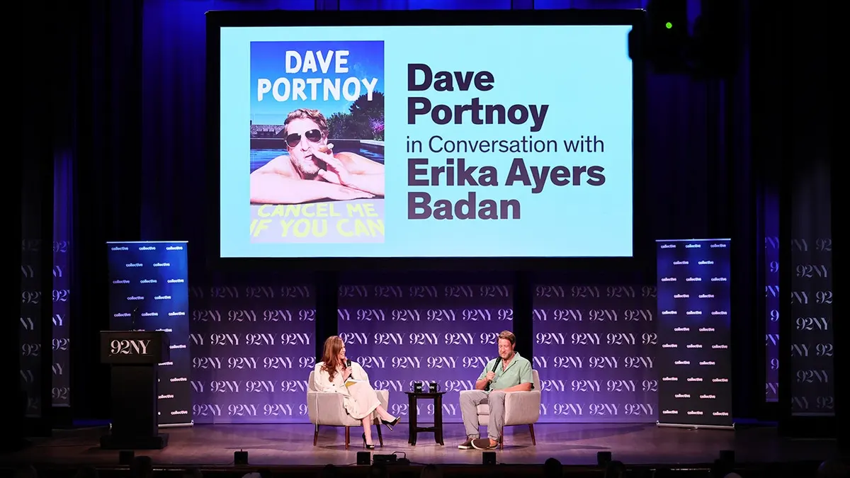 Erika Ayers Badan and Dave Portnoy seated on stage at 92NY in New York City