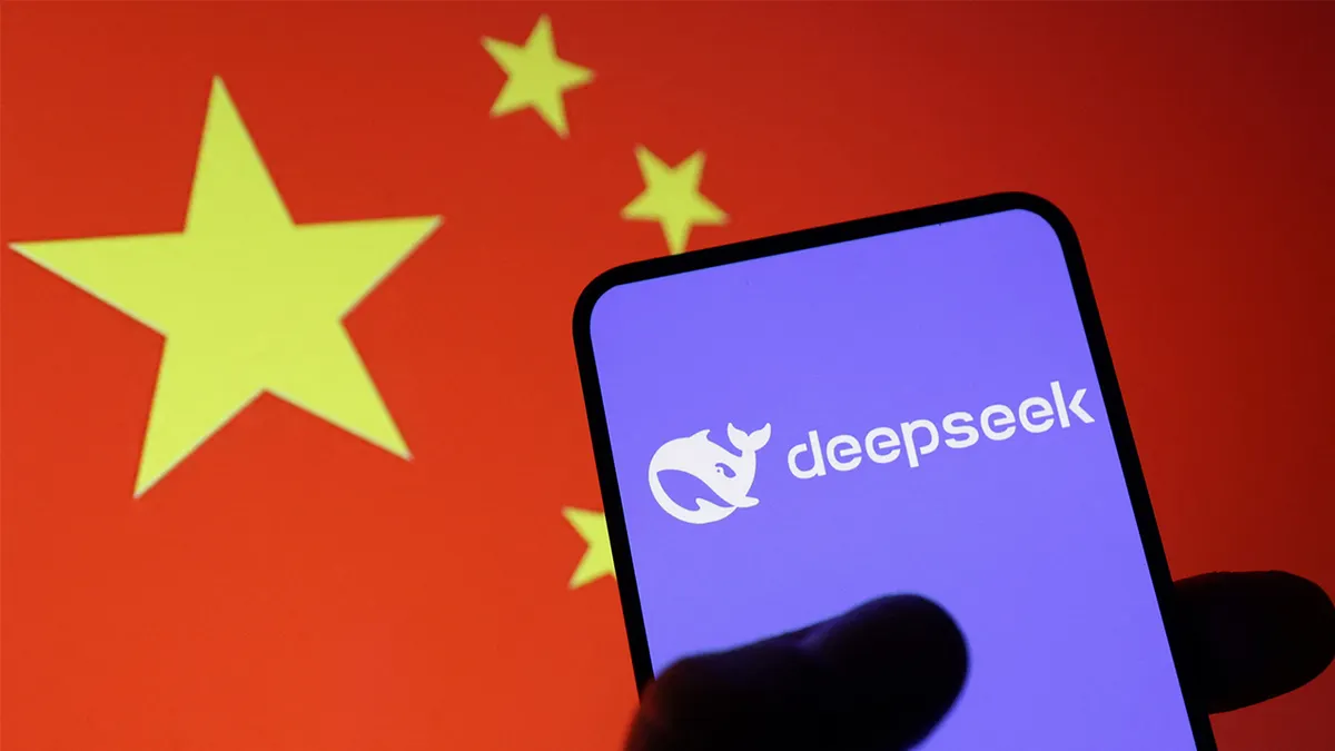 DeepSeek AI app displayed on a smartphone screen with the Chinese flag in the background