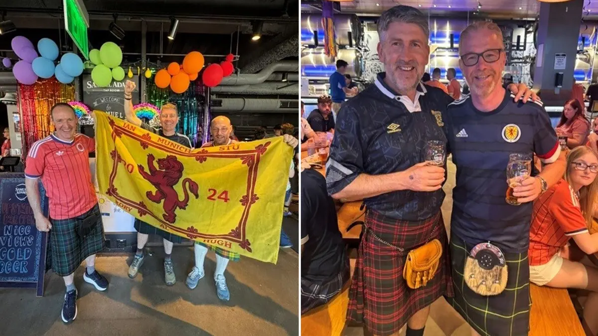 A split image shows Scottish soccer fans celebrating during the 2026 World Cup at Boston's Samuel Adams taproom.