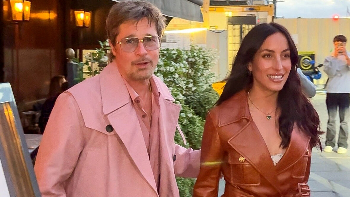 Brad-Pitt-ines-jantar-Paris Brad Pitt usa sobretudo rosa para jantar em Paris com a namorada Ines de Ramon vestida com vestido de couro conhaque