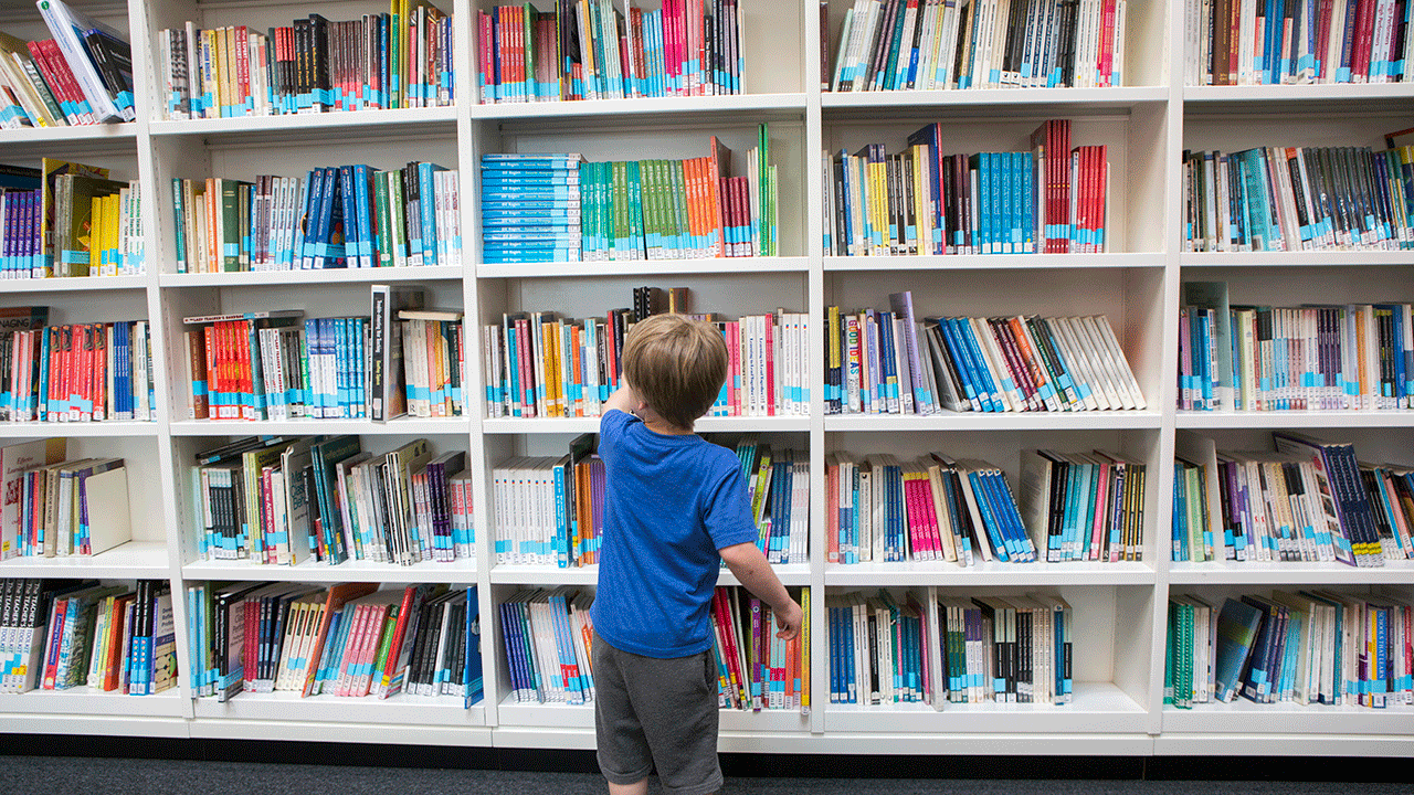 boy in library looking at bookshelf