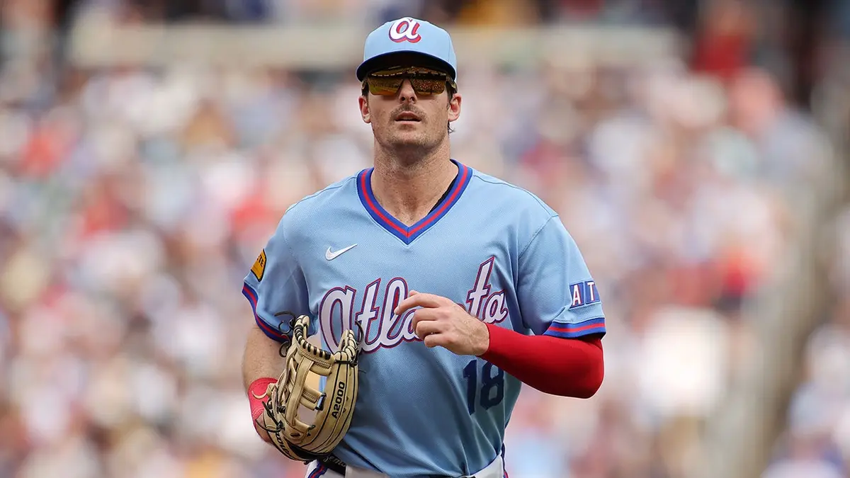 Mike Yastrzemski of the Atlanta Braves reacting during a game at Truist Park