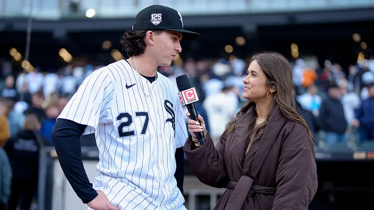 Brooks Baldwin of the Chicago White Sox giving a postgame interview with sideline reporter Brooke Fletcher at Rate Field.