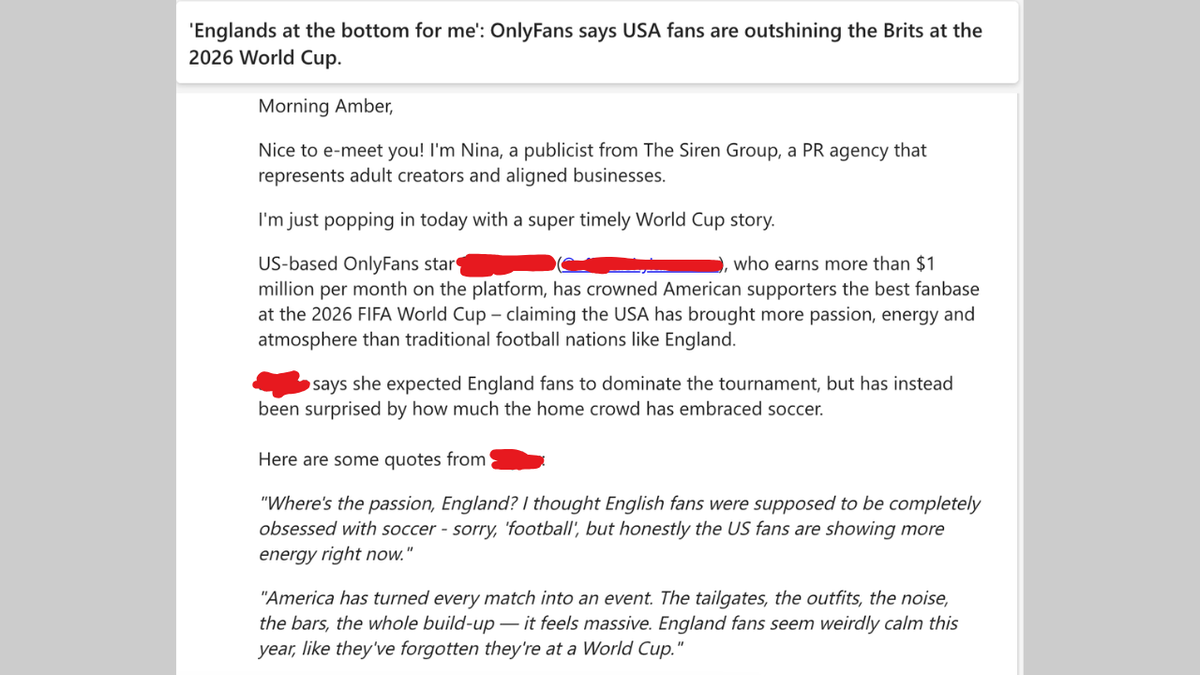 email screenshot from a PR firm representing an OnlyFans creator