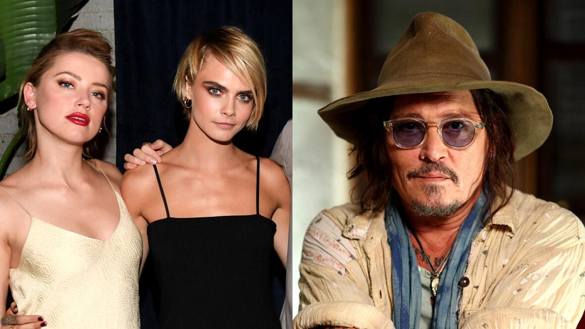 Cara Delevingne e Amber Heard juntas em evento, lado a lado com foto de Johnny Depp