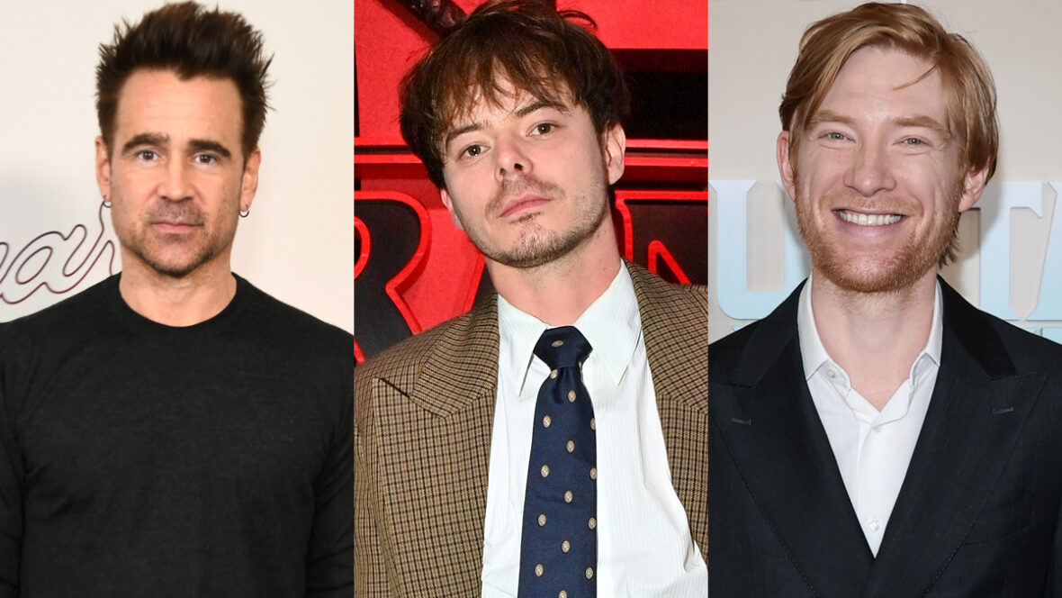 Uma foto dividida com Colin Farrell na estreia de Sugar, Charlie Heaton na estreia de Stranger Things e Domhnall Gleeson na estreia de Fountain of Youth