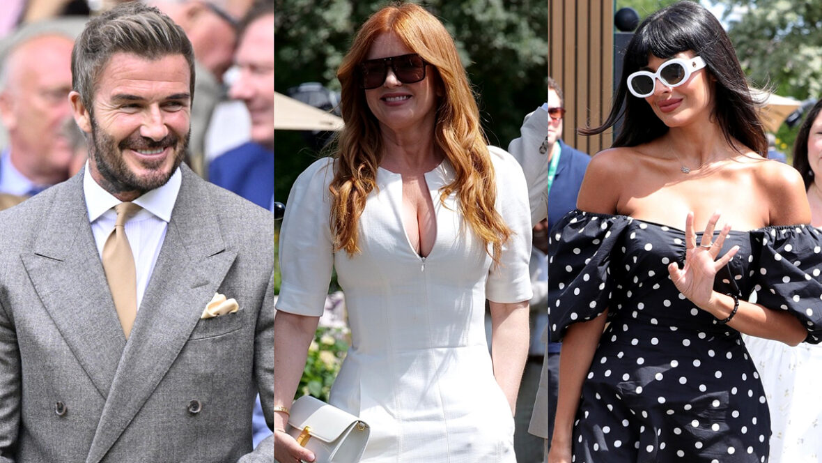 Foto dividida em três partes de David Beckham, Isla Fisher e Jameela Jamil chegando ao Campeonato de Wimbledon de 2026