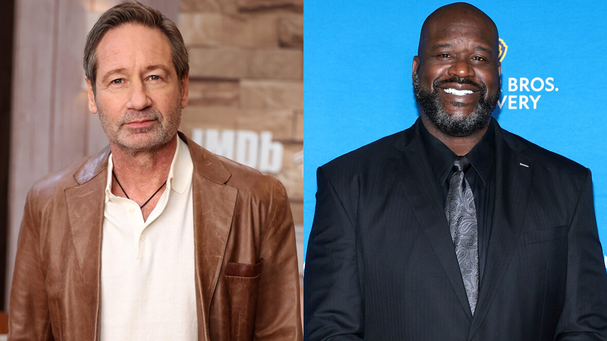 Imagem dividida de David Duchovny e Shaquille O'Neal, com David em uma jaqueta marrom e Shaq em um terno preto.