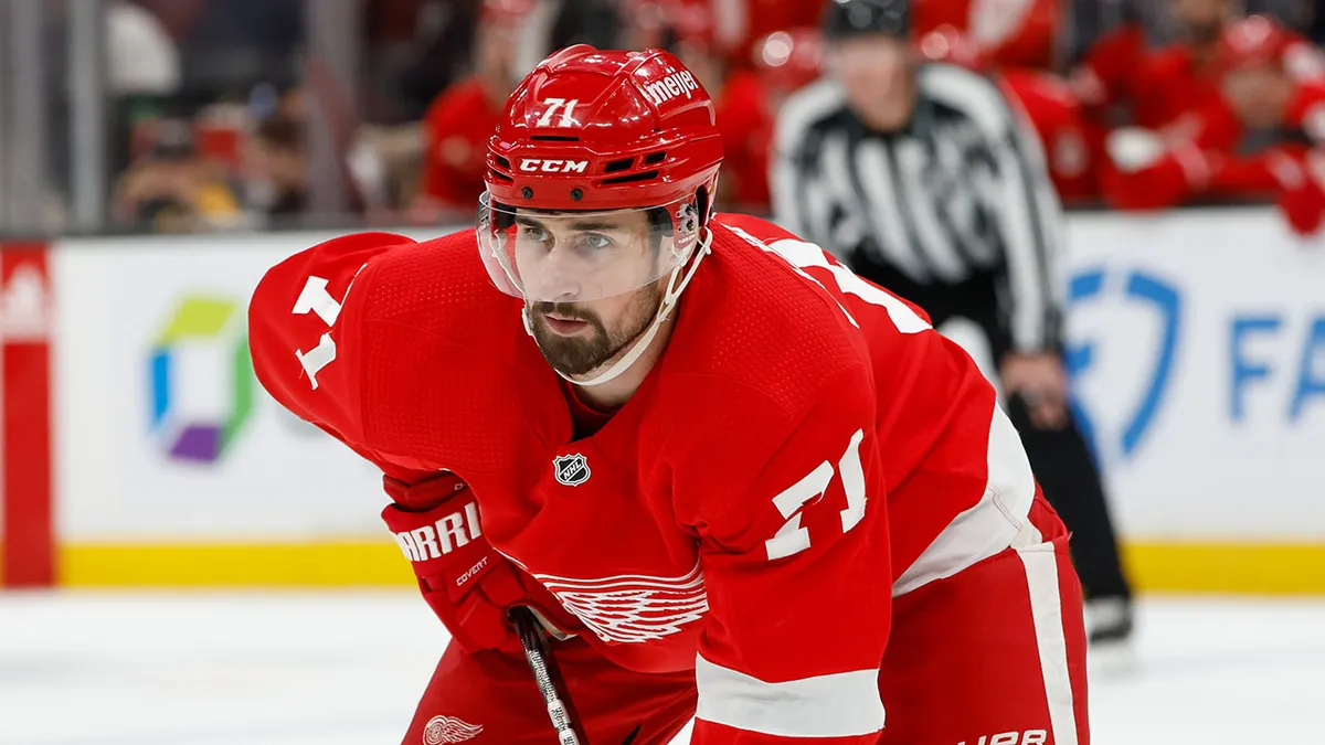 Dylan Larkin skating on ice during hockey game at TD Garden