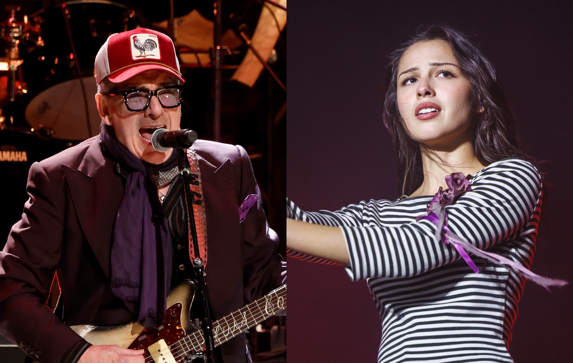 Elvis Costello (L) and Olivia Rodrigo (R) (Photo by Taylor Hill/Getty Images; Xavi Torrent/Getty Images)