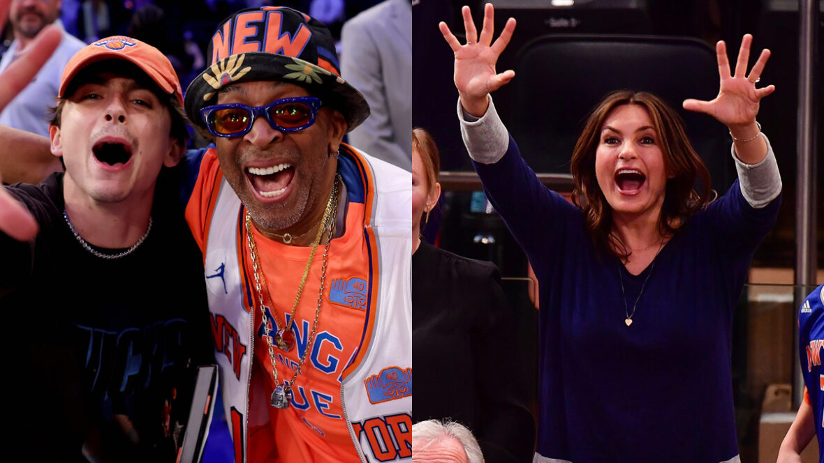 fãs-de-celebridades-knicks Timothee Chalamet e Spike Lee comemorando no jogo dos Knicks / Mariska Hargitay comemorando no jogo dos Knicks