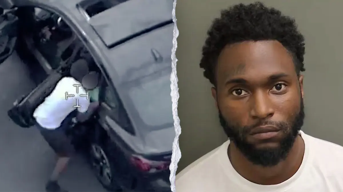man with child and mugshot split