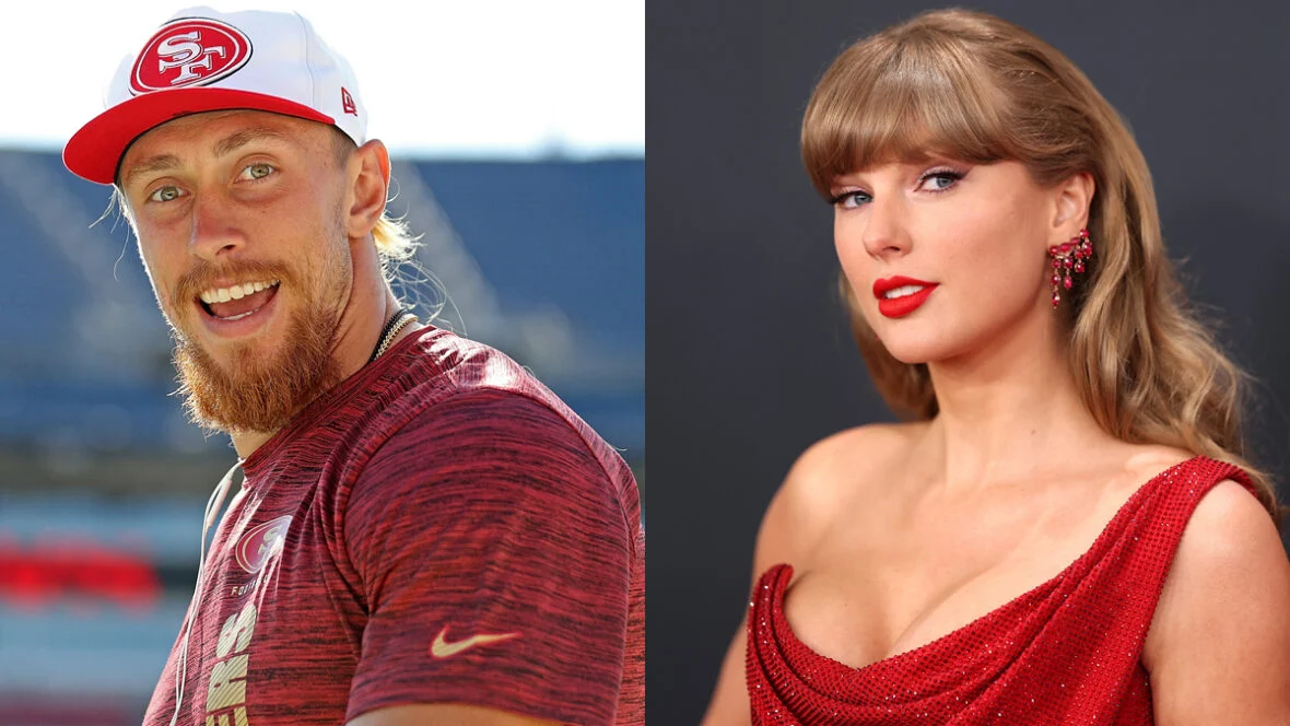 George Kittle nº 85 do San Francisco 49ers olha para a câmera / Taylor Swift no Grammy