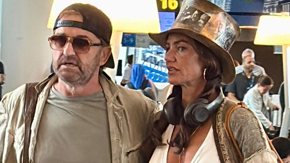 Gerard Butler e Morgan Brown no aeroporto de La Guardia