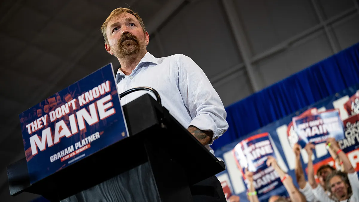 Graham Platner speaking at a primary election night event at the Blue Hill YMCA in Blue Hill, Maine