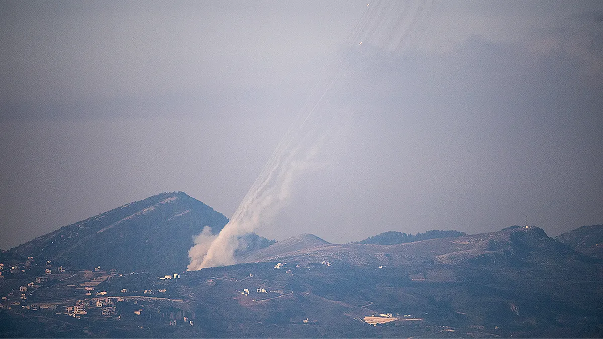 Rockets launching from Lebanon towards Israel seen from Israeli border