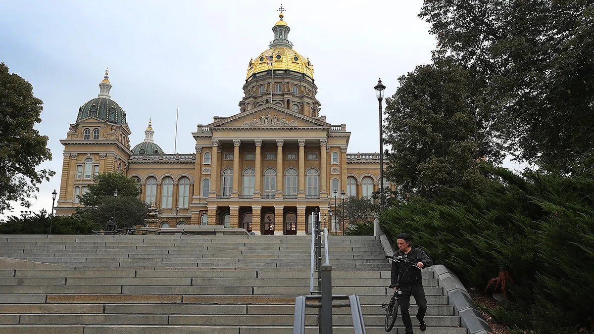 The Iowa State Capitol building standing in Des Moines, Iowa.