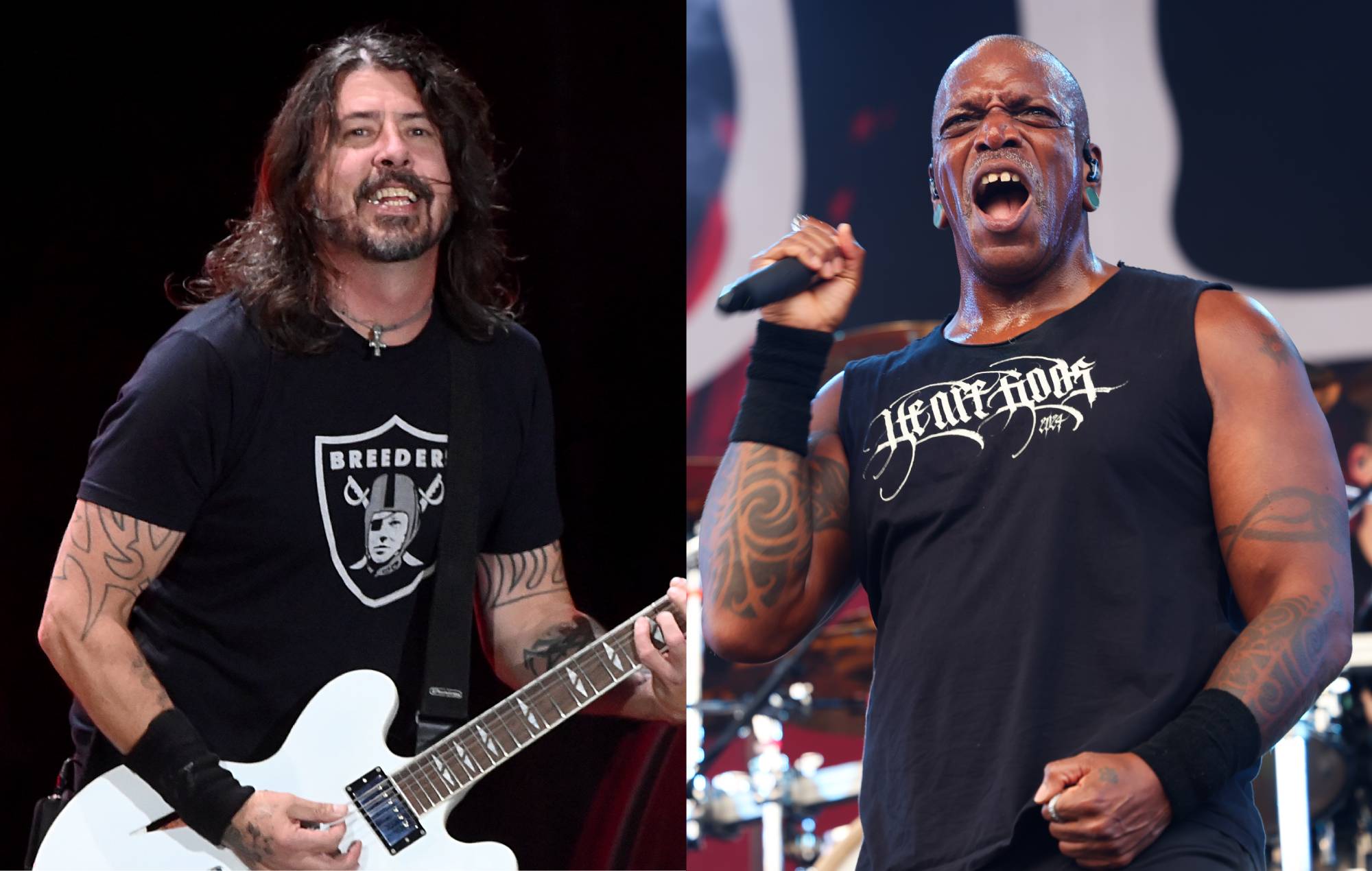Dave Grohl and Sepultura's Derrick Green. CREDIT: Iwi Onodera/Daniel Boczarski/Getty Images